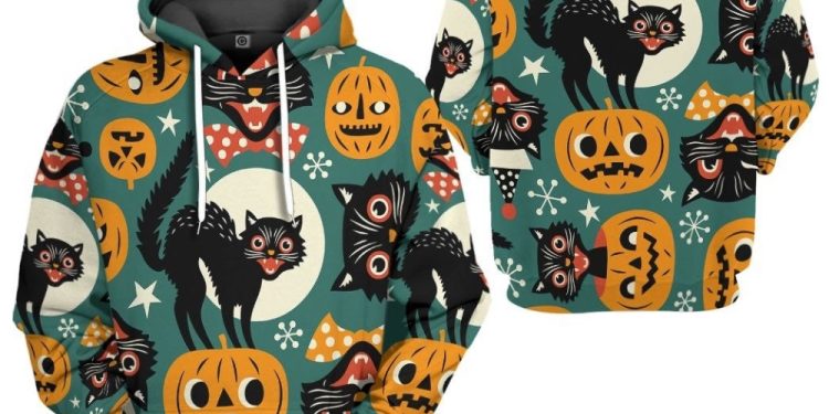 3D Halloween Black Cats Pumpkin Animation Aop Unisex Hoodie tdeegray 1