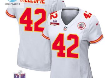 feature image Tyree Gillespie 42 Kansas City Chiefs Super Bowl Lviii Champions 4 Stars Patch Game Women Jersey White stylepulseusa 1